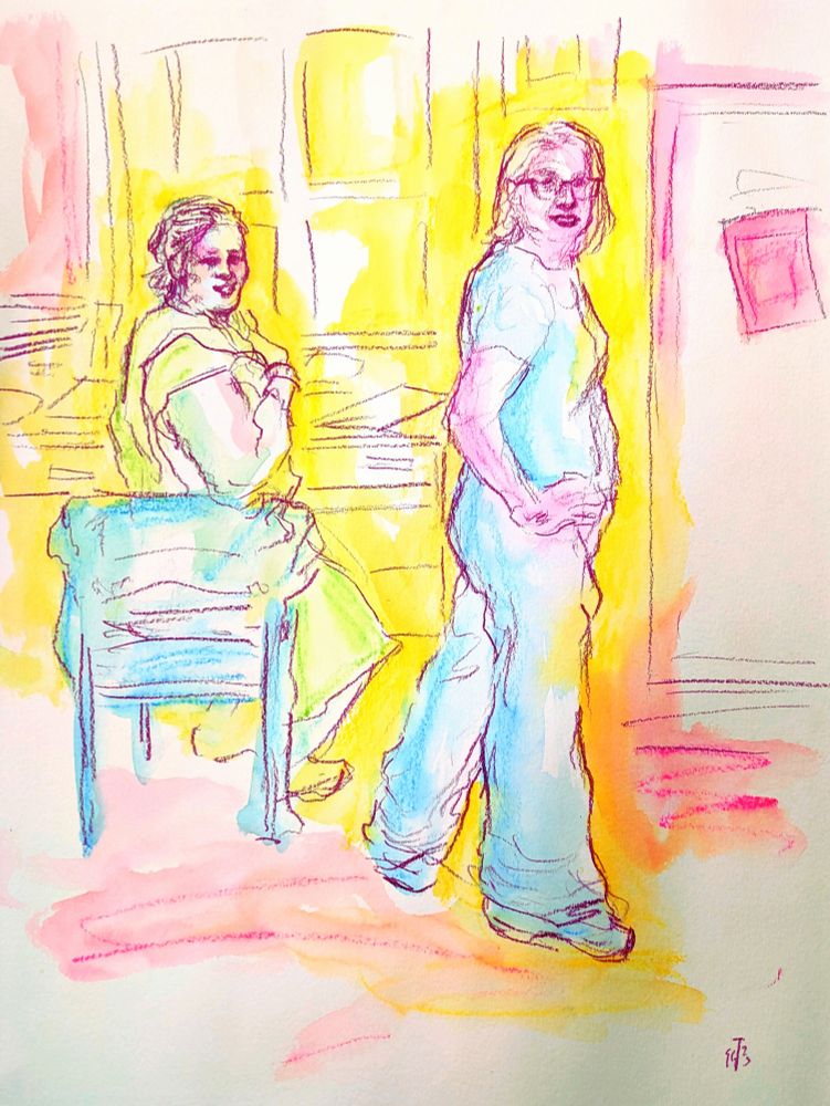 Drawing of two women, one sat and one stood, looking at the viewer.