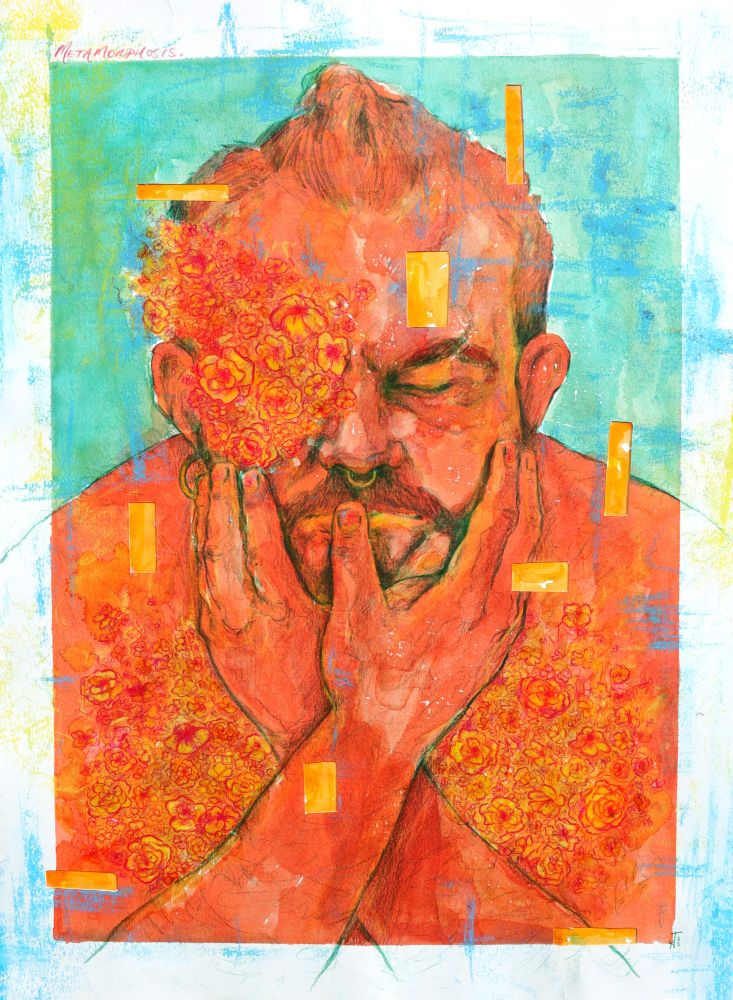Portrait of a man, holding his face in both hands, with flowers sprouting out of him. 