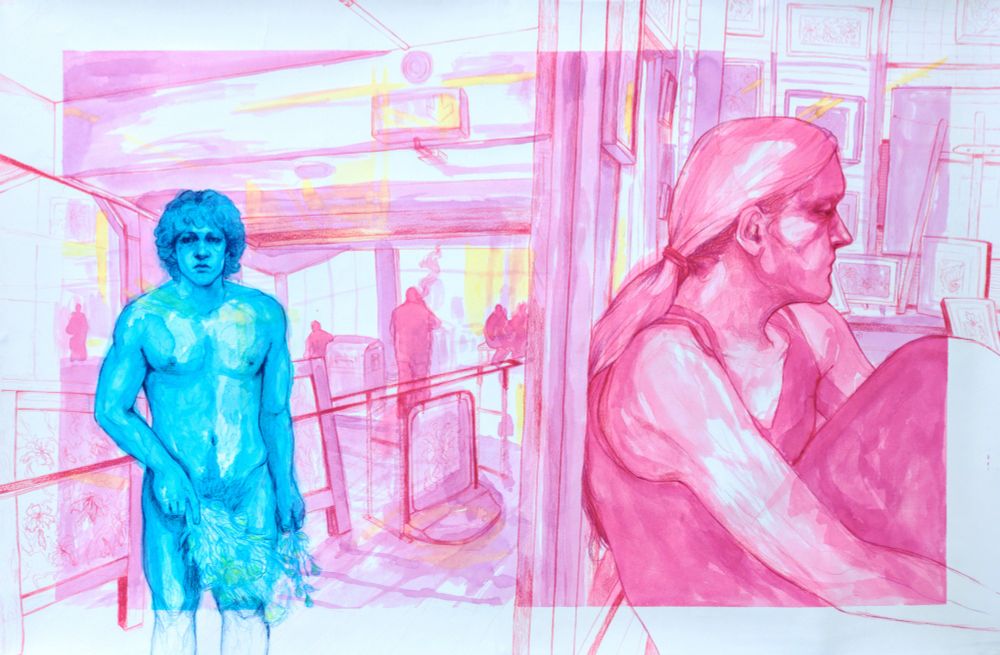 A man stood in an alley in the city, nude, holding flowers. A wall separates him and a lady, who is looking the other way. Figures fill the background, none seem to notice him. 