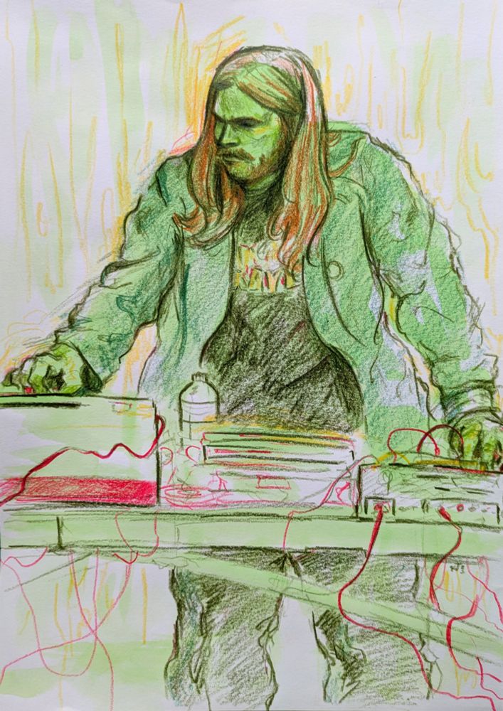 Illustration of a man playing music with a tape deck 