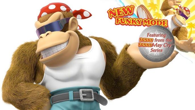 Promotional art of Funky Kong wearing sunglasses, a white tank top, and a red bandana with white spots. He poses confidently next to a badge reading “NEW FUNKY MODE — Featuring FUNKY from the FUNKY May Cry Series,”