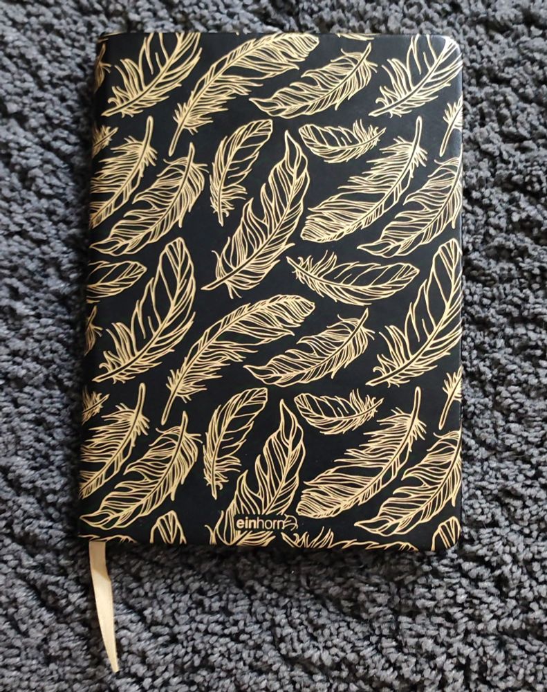 a black notebook with golden feathers on the cover