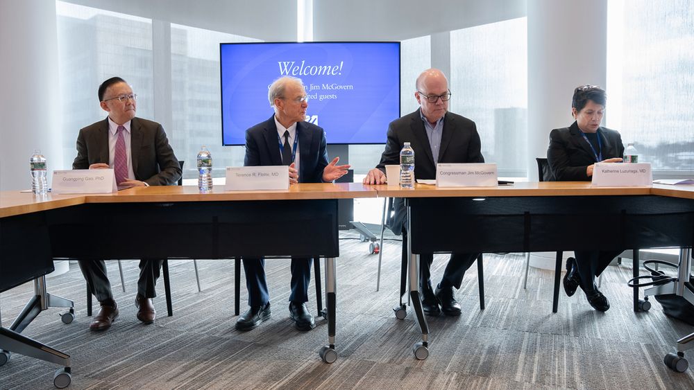 From left, Guangping Gao, Terence Flotte, James McGovern, and Katherine Luzuriaga at the start of the roundtable discussion