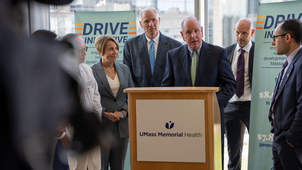 Chancellor Michael F. Collins joined Massachusetts Gov. Maura Healey at UMass Memorial Health for a news conference on how the DRIVE initiative supports medical research.