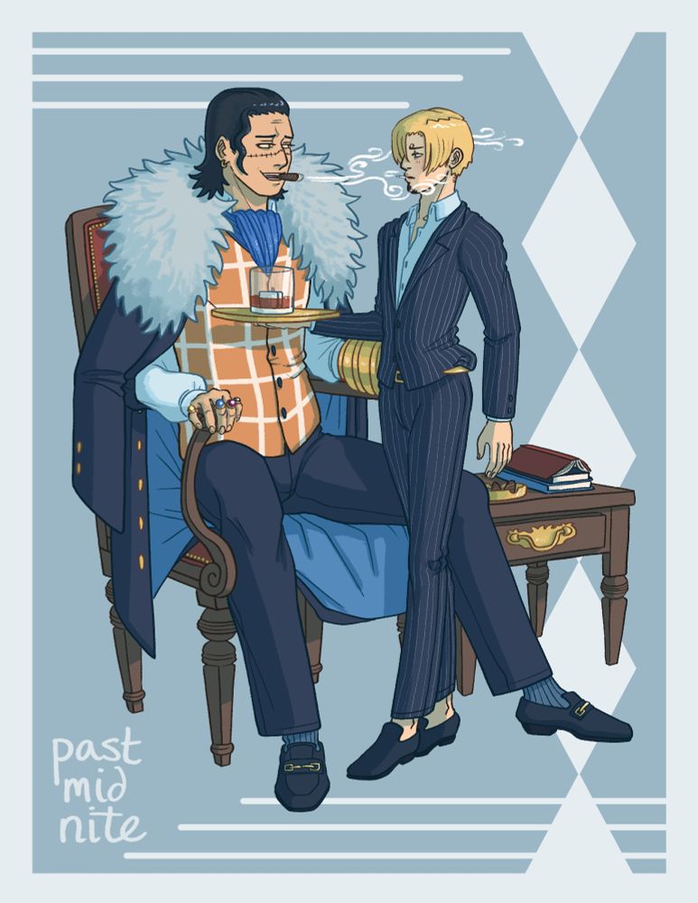 crocodile sits in a fancy chair while sanji brings him a glass of whiskey. croccy has hooked sanji by the waist and smoke from his cigar curls around sanji's face. sanji is blushing slightly