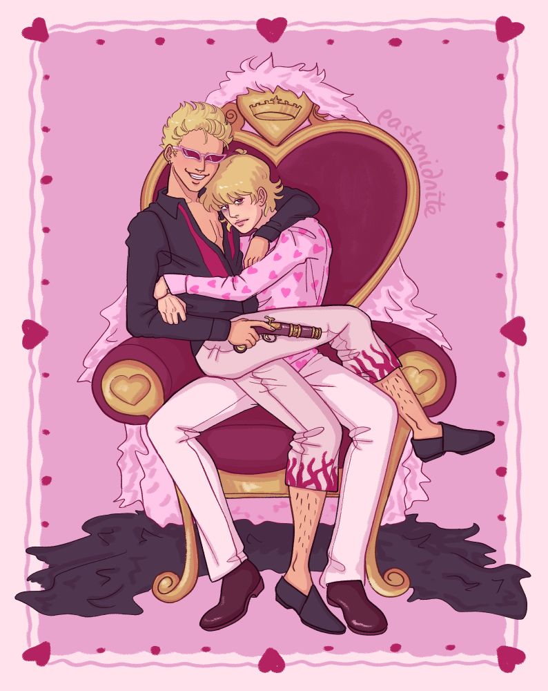 doflamingo is sitting in rosinante's lap. they're seated on a heart-shaped throne. doffy is holding the gun he will later use to kill rosi. doffy's coat is hung from the back of the throne while rosi's has fallen to the floor.