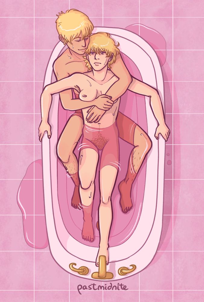 top view of rosinante and doflamingo in the bath. doffy has his arms clasped around rosi. one of rosi's boobs rests gently on doffy's arm. doffy wears a tender smile while rosi gazes at the viewer with a blank, dissociated expression.