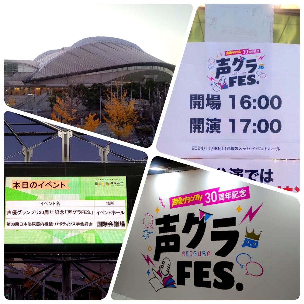 声優グランプリ30周年記念「声グラFES.」 DAY1
千葉・幕張メッセ イベントホール
2024年11月30日(土) 17:00～

出演：蒼井翔太, 井上喜久子, 上坂すみれ, 大久保瑠美, 小野大輔, 寿美菜子, 駒田航, 椎名へきる, 高垣彩陽, 茅原実里, 戸松遥, 豊崎愛生, 鳥海浩輔, 西山宏太朗, 畠中祐, 日髙のり子, 福山潤, 前野智昭, 水樹奈々, 水瀬いのり, 宮野真守

MC：鷲崎健, 井上喜久子

◆ OPENING

◆ Talk1「声グラ・噂の真相」
Cast：小野大輔, 椎名へきる, 鳥海浩輔, 日髙のり子, 福山潤, 水樹奈々

◆ Talk2「こっそり教えて！撮影の裏側」
Cast：上坂すみれ, 大久保瑠美, 駒田航, 畠中祐, 水瀬いのり

◆ Reading Drama1「編集会議は踊る！？」編
Cast：小野大輔, 寿美菜子, 西山宏太朗, 福山潤, 水樹奈々, 水瀬いのり

◆ Talk3「おっさん編集部員が選ぶ最高の一枚！」
Cast：蒼井翔太, 西山宏太朗, 前野智昭, 宮野真守

◆ Talk4：「みんな大好き🤍へあちぇん！トーーク」
Cast：寿美菜子, 高垣彩陽, 茅原実里, 戸松遥, 豊崎愛生

◆ Reading Drama2「撮影準備はつらいよ！？」編
Cast：上坂すみれ, 大久保瑠美, 駒田航, 豊崎愛生, 鳥海浩輔, 前野智昭

◆ Live「時代を彩った声優・アニメ楽曲の豪華ライブ」
- SETLIST -
01. オルフェ　宮野真守
02. ZERO to INFINITY　宮野真守×畠中祐
03. Promise for the future　畠中祐
04. PSYCHO:LOGY　蒼井翔太
05. ムーンライト伝説　井上喜久子×蒼井翔太
06. ハート ないしょ/2　日髙のり子×井上喜久子
07. トップをねらえ！～FLY HIGH～　日髙のり子×椎名へきる
08. -赤い華- You're gonna change to the flower　椎名へきる
09. Rebirth-day　高垣彩陽
10. 君がいる場所　高垣彩陽×茅原実里
11. 境界の彼方　茅原実里
12. 叱咤純愛 1,chu,3!!　小野大輔×茅原実里

◆ FINALE
