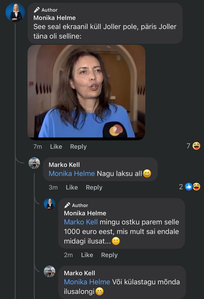 Kommentaar postituse all
Moonika Helme: See seal ekraanil küll Joller pole, päris Joller täna oli selline (pilt Karmenist)
…
Mingu ostku parem selle 1000 euro eest, mis mult sai endale midagi ilusat