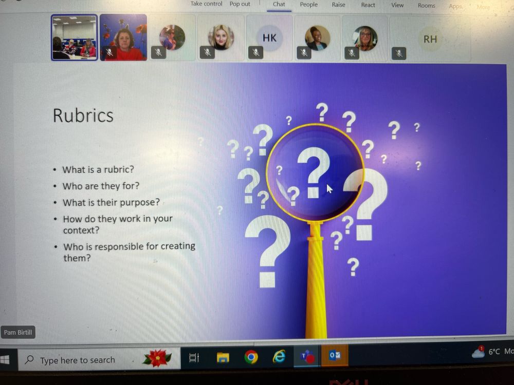 Slide with a series of question prompts about rubrics: what is a rubric? Who are they for? What’s is their purpose? How do they work in your context? Who is responsible for creating them?