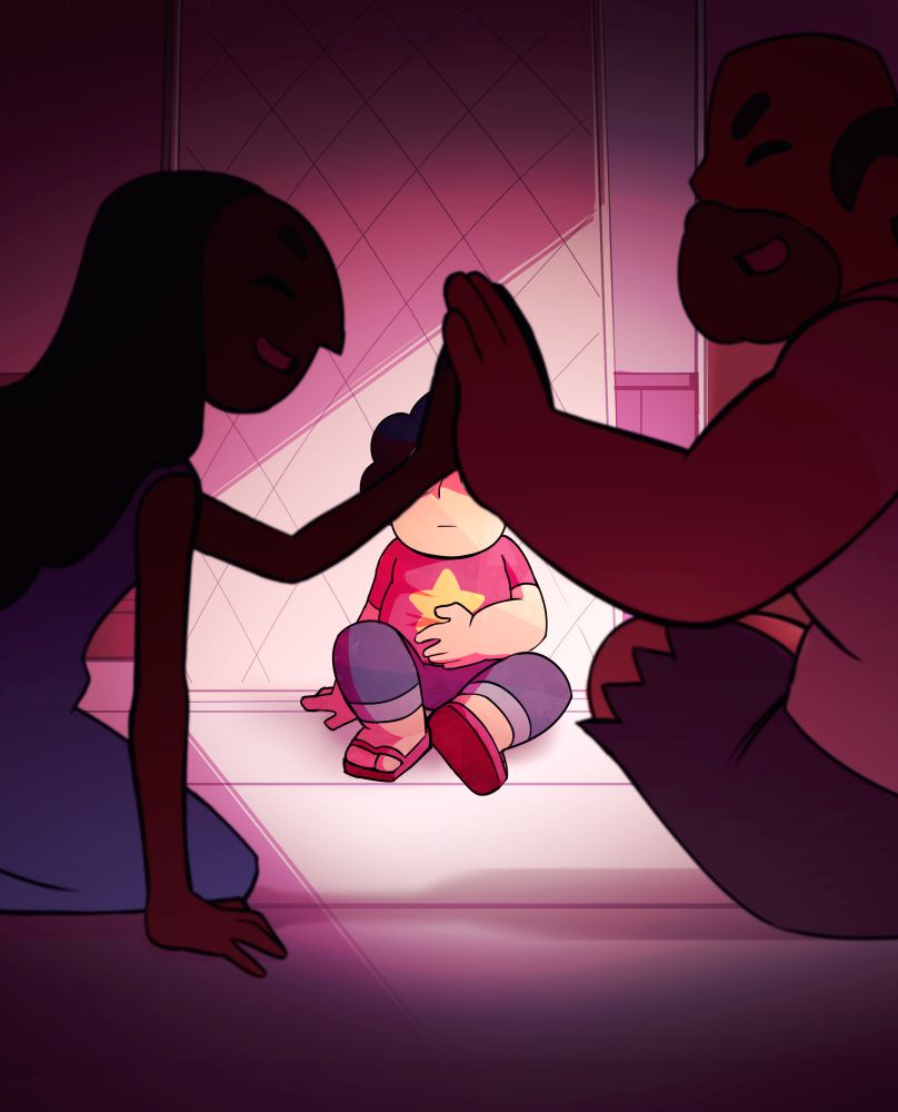 An adaptation of a scene from Steven Universe S02E08, "We Need to Talk". Connie Maheswaran and Greg Universe sit in the foreground, high fiving with a smile. Steven sits in the background, expression obscured by their "human beings" high five, hand resting over his stomach where his Gem resides.