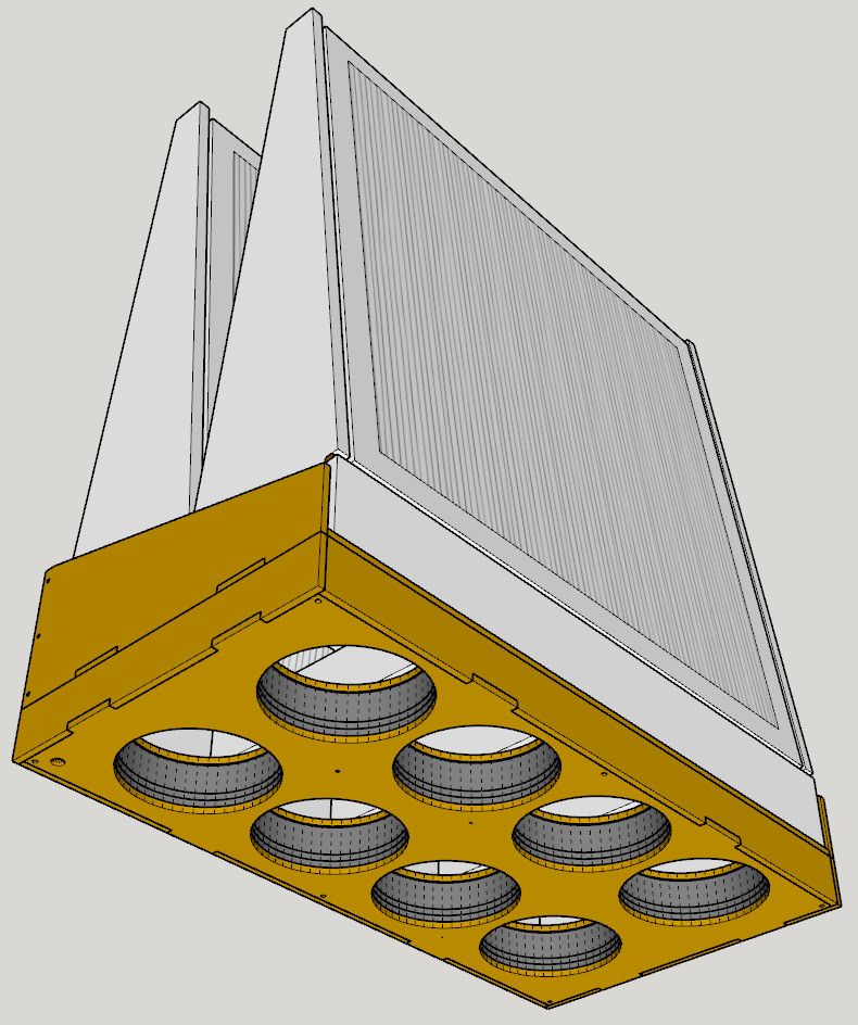 Image shows a SketchUp view of the concept model. It uses four 24x24x1” 3M Filtrete 1900 MERV13 filters in an M configuration, above eight down-blowing 140mm Arctic P14PWM fans. (Shows simplified fan bodies, but not blades ‘cause that was easier to model.)