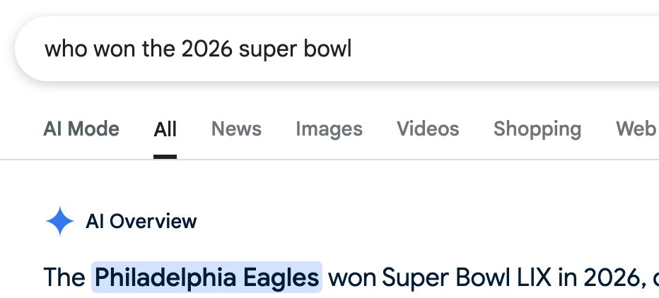 Google search: who won the 2026 super bowl

AI Overview
The Philadelphia Eagles won Super Bowl LIX in 2026,