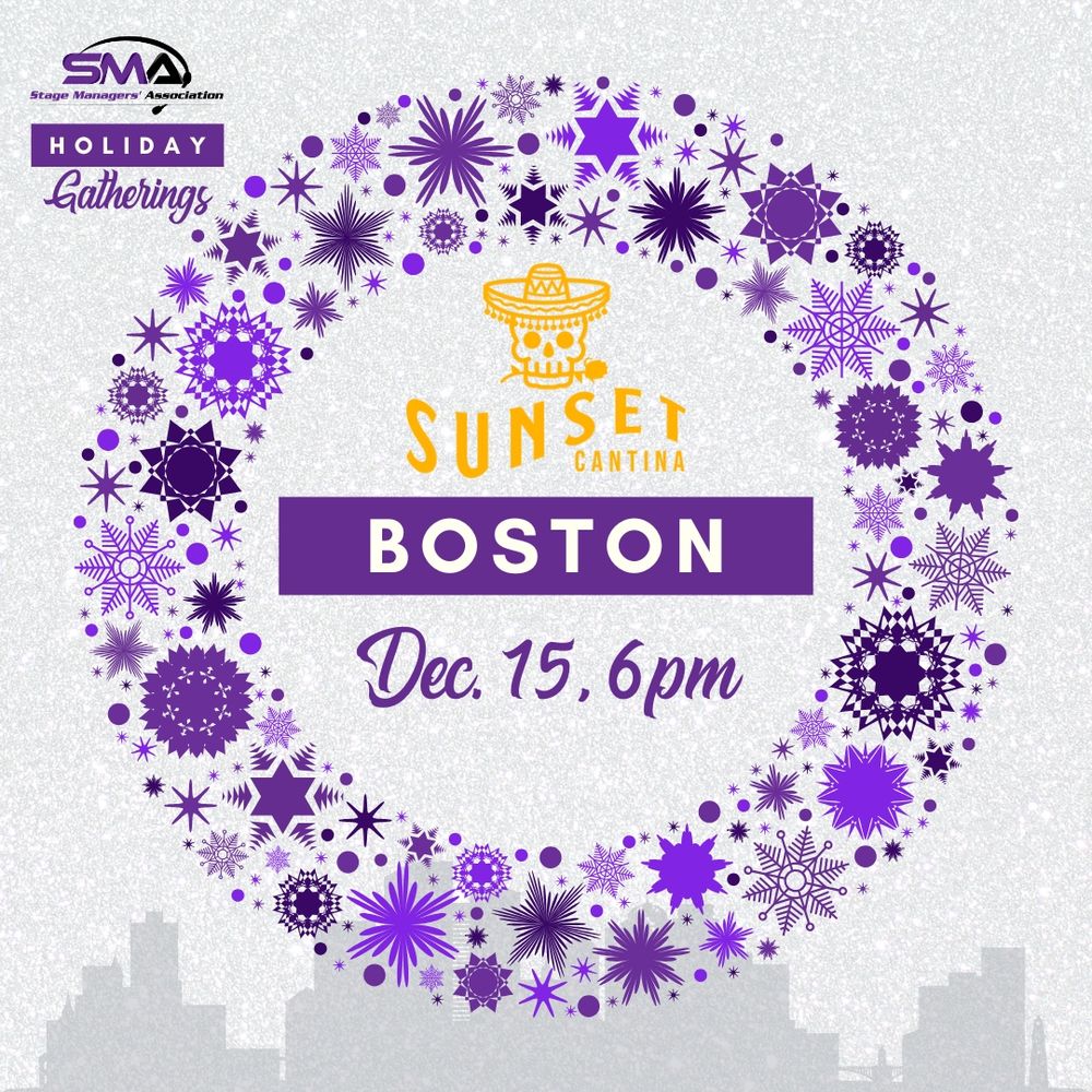 A purple holiday wreath surrounds the Sunset Cantina logo and text reading "Boston Dec. 15, 6pm" with a grey sparkly background. The SMA Holiday Gatherings logo is in the top left corner.
