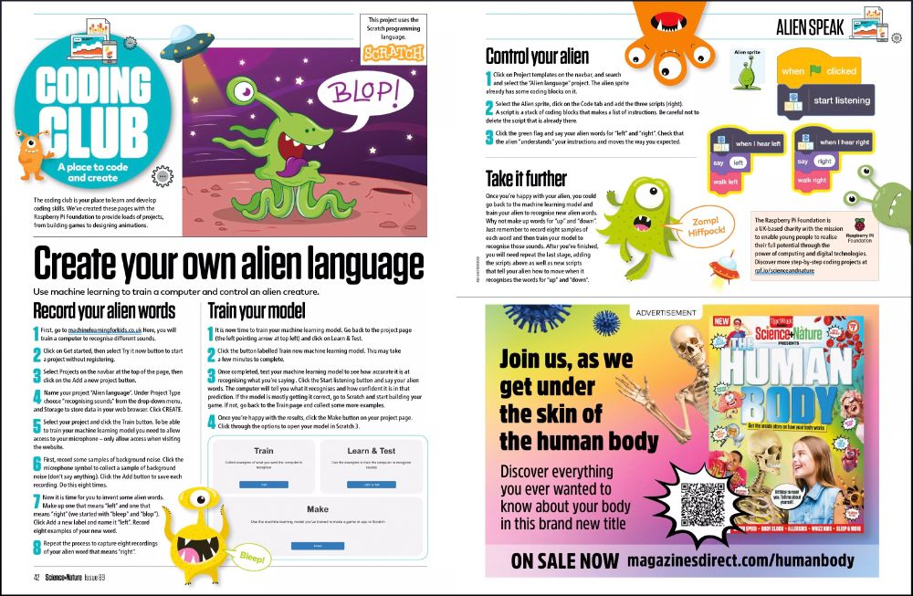 two pages from This Week: Science & Nature - showing an activity to use Machine Learning for Kids to learn about speech recognition