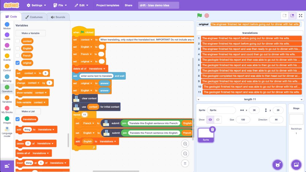 translating "The engineer finished her report before going out for dinner with her wife." from English to French and back again 11 times