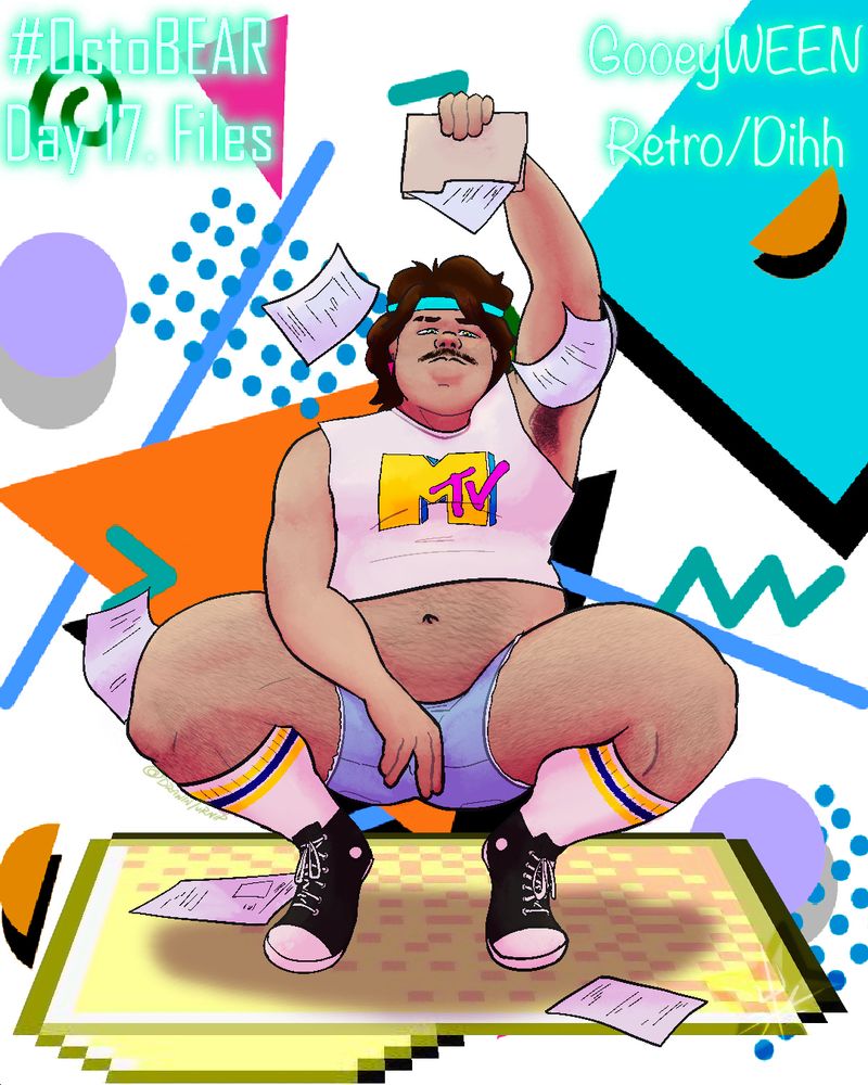 Andres squatting down, facing the viewer. He is styled in popular men's fashion of the 1980s: a sweatband, mustache, single earring, crop top, cutoff shorts, black high-top shoes with knee-high tube socks. He also sports a feathered mullet hairstyle. He holds a manila folder above his head with several pages falling from it.