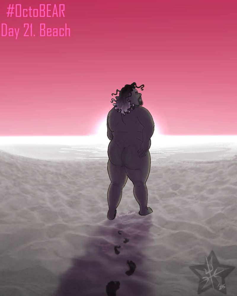 A view of Waru from behind, standing fully nude on a beach at sunset. His face is turned to the right and looking slightly upward, wistfully.