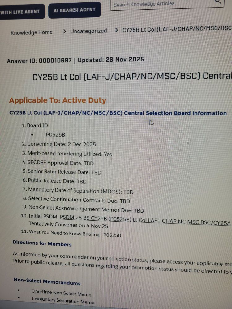 Screenshot showing Lt Col promotion boards including LAF-J set for 2 Dec