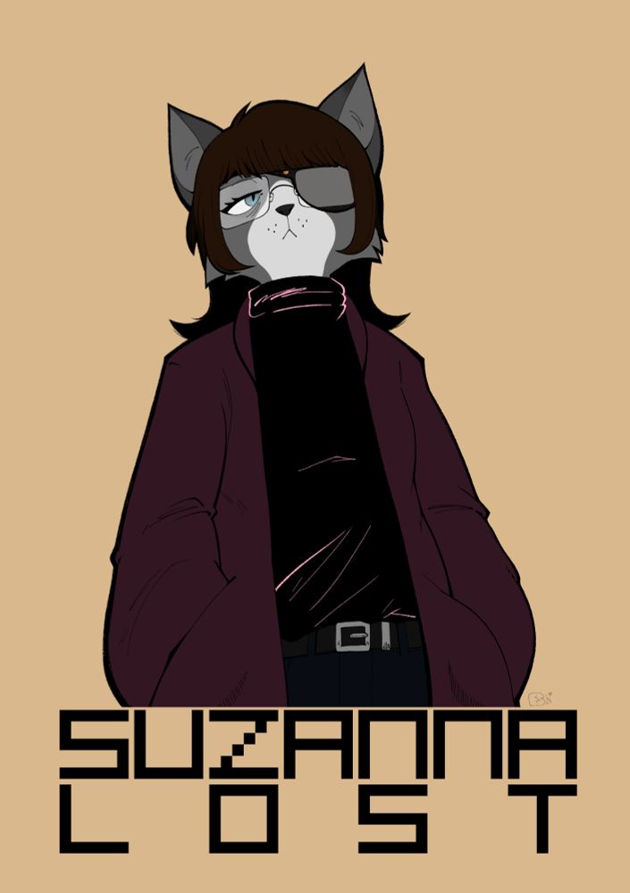 A drawn bust of an anthro cat. She has gray and white fur, blue eyes, and longish brown hair cut into bangs. She's wearing a black turtleneck, maroon jacket, and jeans. Below the bust is her name: Suzanna Lost.