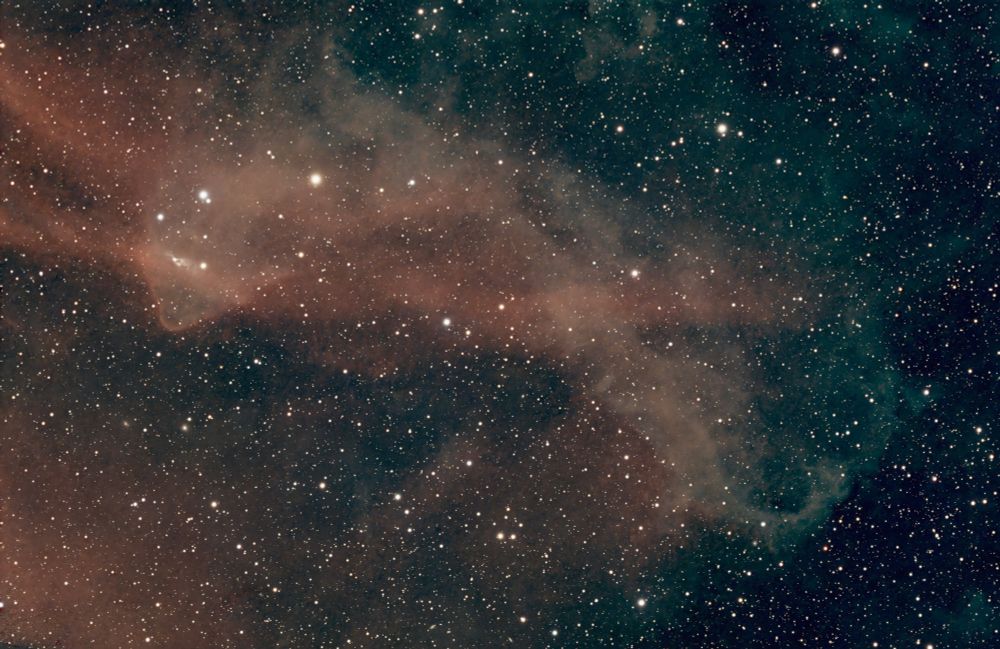 A darker red nebula in the shape of a V in the background with a lighter lizard shaped reflection nebula in the foreground.