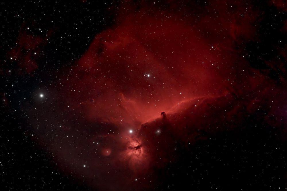 Horsehead in profile against bright red nebula in a half circular pattern above.