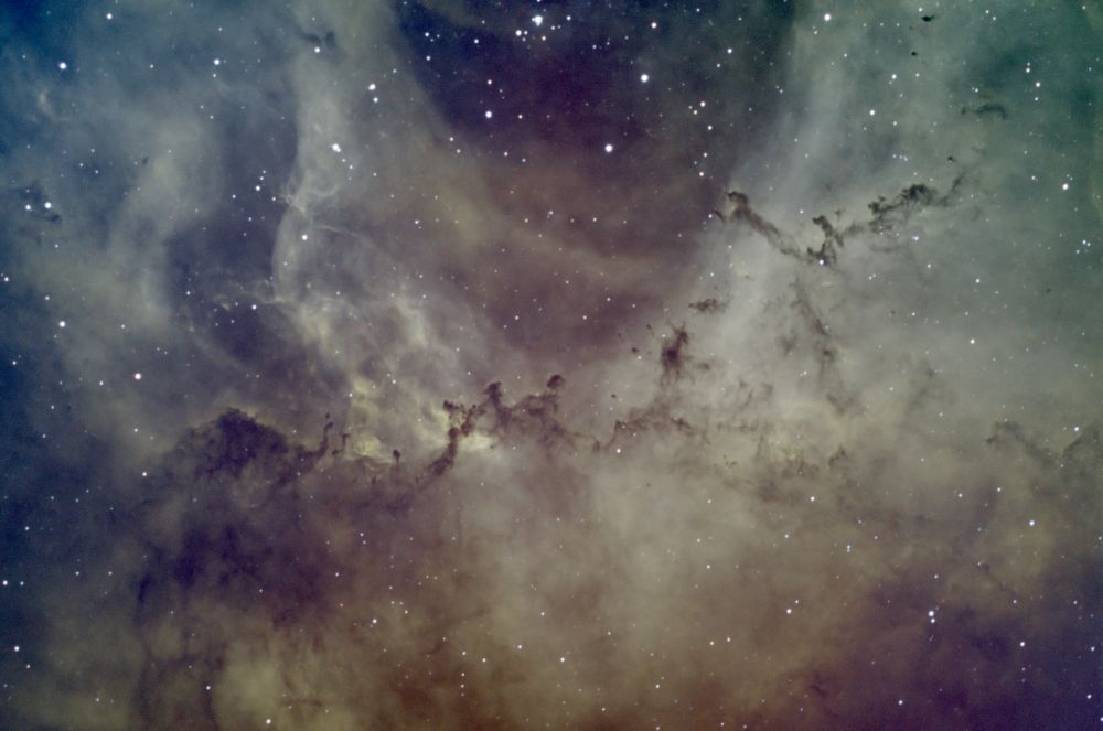 This is a closeup of NGC 2237, a series of dark nebula bands on the Rosette Nebula in Monoceros. The bands extend in the photo from the middle left to the upper right and include dark structures sometimes referred to as Bok Globules. More details in my gallery: https://app.astrobin.com/u/JimCase?i=brgp40