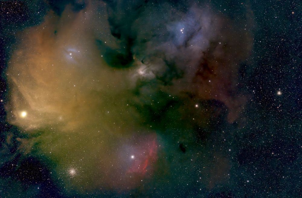 A colorful wide field panorama of the Rho Ophiuchi Region
by Jim Case

Published: Jul 1, 2025

Total integration: 8h 18m

Integration per filter:
- Lum/Clear: 8h 18m (249 × 120")

Equipment:
- Telescope: William Optics Redcat 51
- Cameras: ZWO ASI174MM Mini, ZWO ASI2600MC Pro
- Mount: iOptron HAE43
- Filter: Optolong UV/IR cut 2"
- Accessories: ZWO ASIAIR Plus, ZWO OAG-L
- Software: Aries Productions Astro Pixel Processor (APP), Pleiades Astrophoto PixInsight, Russell Croman Astrophotography BlurXTerminator, Russell Croman Astrophotography StarXTerminator, Serif Affinity Photo, ZWO ASIStudio

For more information, visit AstroBin:
https://app.astrobin.com/i/1q241i
 