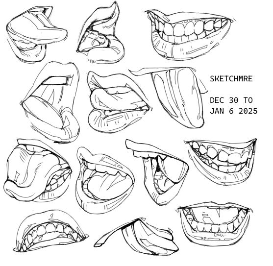 A collection of 13 teeth studies. The drawings are uncolored, cleaned sketches. They range from slightly open mouths showing teeth to tongue studies.