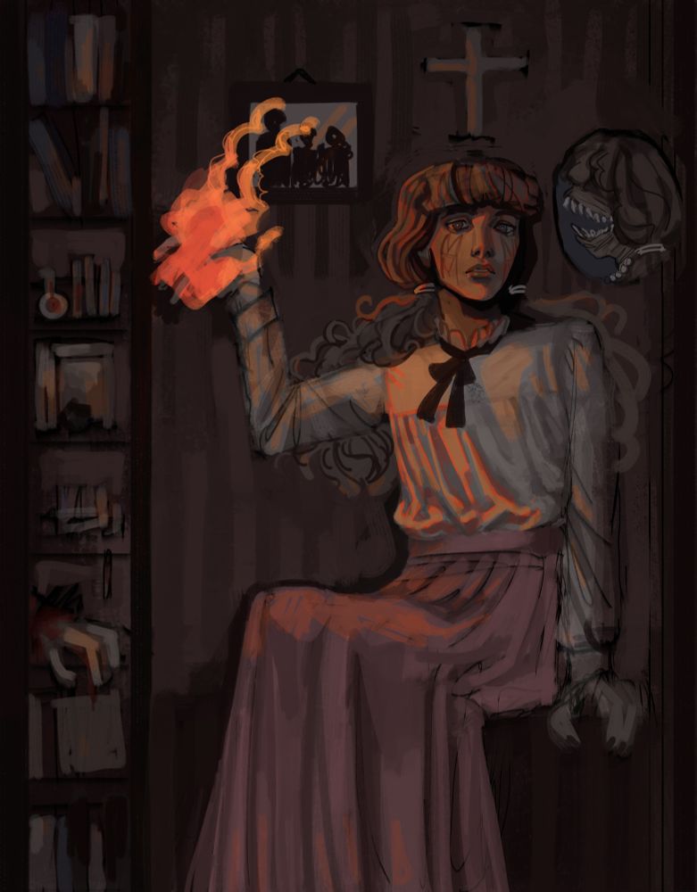 A colored and partially rendered illustration of Marina from Fear and Hunger: Termina. 
She has light skin, curly brunette hair, a white blouse, and a long pink skirt. She has bangs and her hair is pulled into two pigtails. She sits on a wooden surface, leaning on one arm and using the other to summon some type of fire magic. 
Above her is a cross of Alllmer. To her left is a profile portrait of the Marina doppelganger, a creature that looks the same but has a large mouth for the face. To her right is an vague photo of what looks to be a family.
The leftmost side of the illustration has a decorative border that looks like shelves, with books, vials, occultist supplies, and a dismembered hand near the bottom.