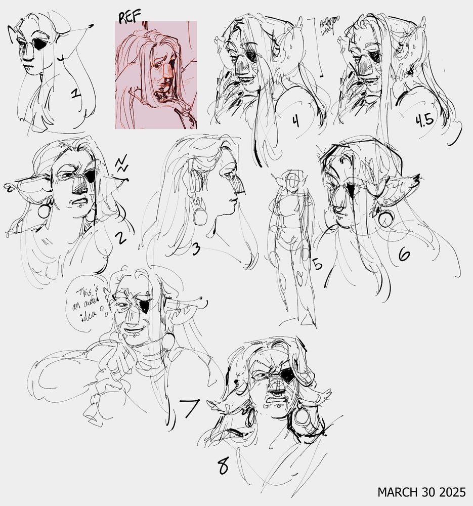 An uncolored sketch page of a dnd character. She's a hobgoblin with a wide, rounded, bear-like nose, large eyebrows, fluffed ears, and thin lips. Her left eye has an eyebatch over it. She has a lip piercing, septum piercing, earrings, an eyebrow piercing on her left eyebrow, and nose bridge piercings. She has long hair that parts down the center-right with locks resting infront of her left side.
The first sketch is a 3/4ths view with her not emoting. It's lower quality and less rendered, acting as a warmup sketch.
The second sketch is her facing to the side looking a big agitated. Her ears are slightly tilted down and you can see the laugh lines where she's raising her upper lip in disgust.
The third sketch is a portrait view showcasing the larger nose and additional skin/fat under her jaw.
The forth sketch is her laughing, bringing a hand up to her mouth. Her ears are perked up and she has a crease under her eye from smiling. It has a note that says "hair too wavy." There is a four-point-five sketch beside it fixing the hair to be more straight and thick.
The fifth sketch is a small, unrefined body shot of her. She has a larger, rectangular build with wide shoulders, a large bust, and heavy stomach/mid torso. 
The sixth sketch is a 3/4th angle slightly from the top with her looking out neutrally at something. 
The seventh sketch is her looking past the viewer and messing with her scarf. She looks slightly nervous, slightly excited, with furrowed brows and a nervous smile. Her ears are tilted down and she has a thought bubble that says "This is an awful idea."
The eighth and final sketch is her angry, with her ears tilted down entirely, her eyebrows furrowed enough for creases, her nose scrunched, and the gums of her top teeth showing.