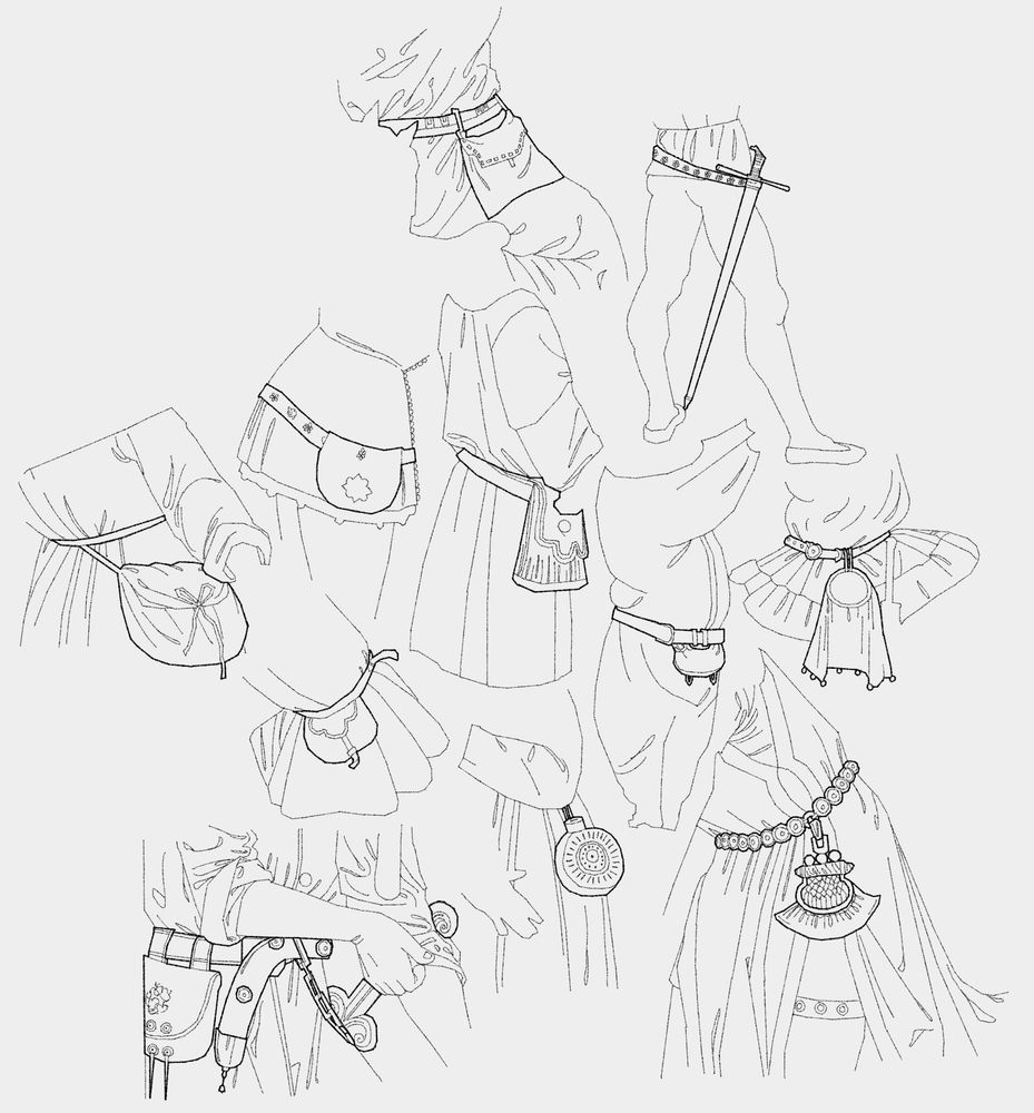 A collection of 11 lined, colorless illustrations of men's midbody. They are traced directly from historical artwork, so the lineart only includes studied objects and a bit of the clothing around it, to depict body and form. Each had a belt and some kind of accessory on it, mostly bags. The belts and accessories are outlined to stand out. 