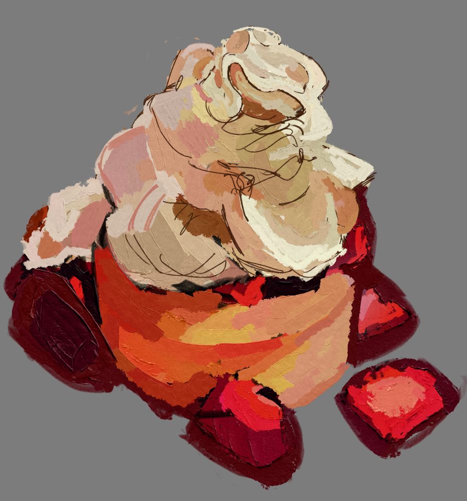 A colored and partially rendered art study of a strawberry shortcake. The shortcake is small, with the actual cake portion being a small circular round of white cake. On top is whipped cream, and strawberries are partially visible underneath the whipped cream. Additional strawberries are dotted around the base of the cake.