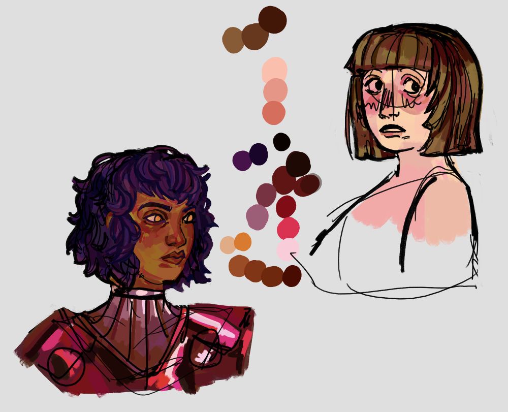 Two colored, partially rendered portraits of Karuna and Chisa from Luxaren Allure.
Karuna is facing the right. She has medium skin and short, dark purple hair. It's curly and styled to be layered with bangs. She has reddish armor that's unrendered.
Chisa is facing to the left but looking past the camera. She has light skin and short brown hair. It also has bangs but isn't layered, instead cut straight at the ends with some shorter strands around the face.