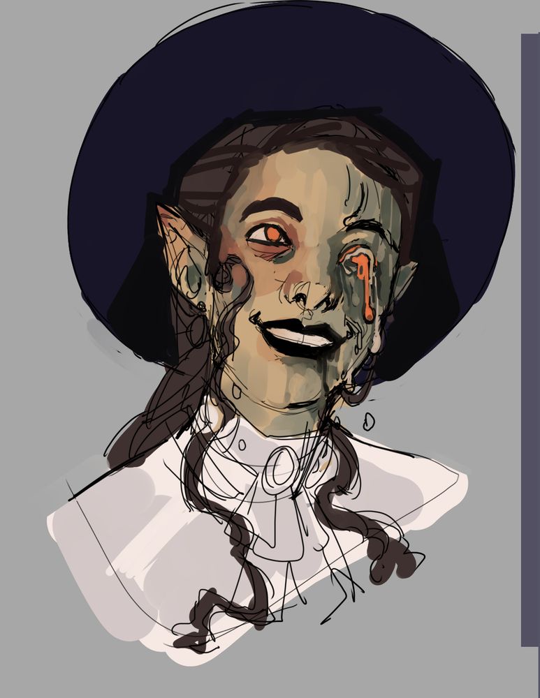 A colored sketch portrait of a light skinned woman with long, brunette hair pulled into a braid. Long strands in front of her ears seem to be damp and snake down the side of her face, neck, and chest. She has black lipstick, a white blouse, and a dark circular hat. She's smiling with teeth at something offscreen.
Her right side seems to be fine, save for occasional dabs of blue-green, but her left side seems to melt off her form. It's unclear of the skin is melting or if it's melting makeup. Underneath is a dull blue-green color, which seems to be her true skin. Her left eye is also melting with thick drips going down her cheek, and the iris being unaligned with her right eye. 