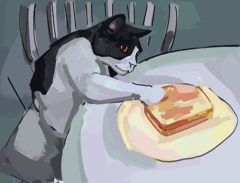 A semi-rendered art study of a black and white cat sitting on a chair, reaching one paw out to touch a grilled cheese. The background is a muted blue-teal, the chair is a light grey, and the table is white. The cat has a black top and upper side of face with a white chin and belly. Its eyes are golden and it stares at the grilled cheese, which is pink and orange and brown; standing out from the cool background. It looks like a bite has already been taken from it.