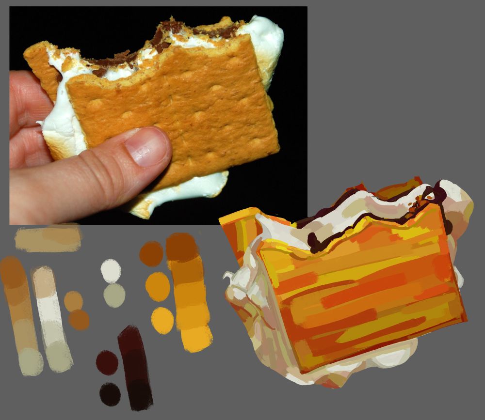 A colored and semi-rendered art study of a half eaten s'more. The referenced photo is in the upper left hand corner. To the are the color swatches and to the right is the study. It's tilted so we can see the long side of the graham cracker and a bit of the inside from the top. Half-toasted marshmallow oozes out of the sides and some chocolate is visible where it melted alongside it.