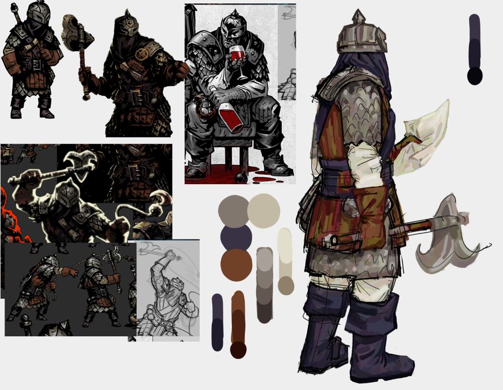A side/back shot of the bounty hunter from darkest dungeon. He has a metal helmet, shoulder pads, and chainmail beneath a leather chestpiece. His face is covered by a muted purple fabric, which matches the color of his armor straps, boots, and sash around his waist. He wears a white undershirt and is holding an axe in one hand and a piece of paper in the other.