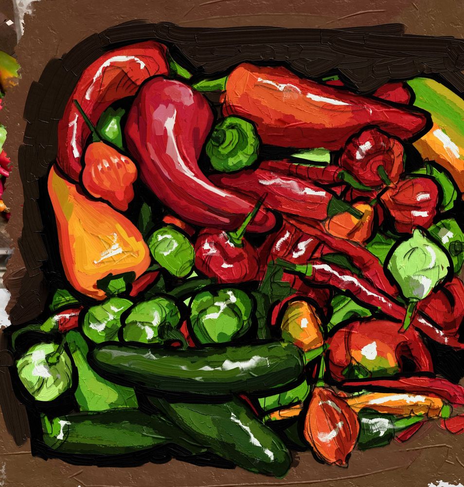 A colored but unfinished painting of a basket of peppers. While it's digital, the brush used has the texture of traditional paint and strokes are visible.
The basket is little more than strokes of browns, with emphasis being placed on the peppers. There are jalapenos, cubanelles, cayenne peppers, cherry bell peppers, and scotch bonnets, all in various stage of ripeness. Their colors range from bright red and orange to multiple types of greens. The light source comes from above and there are lines of white where the skin reflects it.