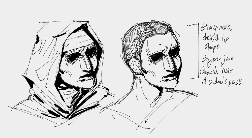 Two uncolored sketch portraits of the vestal from Darkest Dungeon. Both are of the same face-- a 3/4ths view of a woman with a shark nose, chin, and cheekbones-- but the first has a hood and head wrapping while the second shoes a short buzzcut. Along the sides are notes on the facial features: "Strong nose, chin, and lip shape," "Square jaw," "Shaved hair and widow's peak."