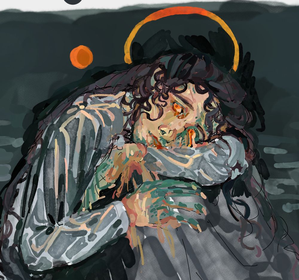 A colored and quickly rendered watercolor piece of a light skinned woman with long brunnette hair laying her head down against a rock. She has one arm underneath her head and the over lazily resting on the rock's side. She wears a wet white dress and the hair not in a braid wraps around her face, clothes, and the rock. The left side of her face and both hands seem to melt, slothing off and smearing across her clothes and the rock. Underneath is a blue-green skin textured like shark skin. Her irises are orange, but her left eye seems to melt as well. Yellowed claws are visible on her hands. She seems to be in some sort of watery area, with two moons in the background: a smaller full moon to her side and a new moon behind her head, like a halo. Her expression is neutral but curious or slightly amused, and she stares off to the viewer's left side with a slight smile. It does not reach her eyes.