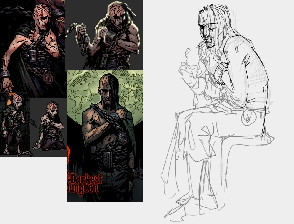 An unfinished sketch of the abomination from darkest dungeon. His hair is shoulder length and unkept, with a stressed expression. He is shirtless and has worn pants just past the knee, and is barefoot. He is partially facing the side and hunched over, with his left wrist shackled to chains around his torso. With his free hand he is lighting a pathetic blunt.