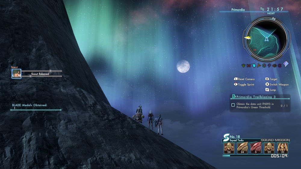 Screengrab of the original Xenoblade X for the Wii U. My party members, Elma, Lin, and my avatar, are very small in the center of the screen, standing atop a craggy cliff as they overlook a gorgeous night sky. The aurora borealis is in effect, and one of the smaller moons is in its full phase so it shines bright. Some UI elements cover the screen, among others a notification by where the party status would be, stating that the scout I had tagging along before taking the screenshot was released.