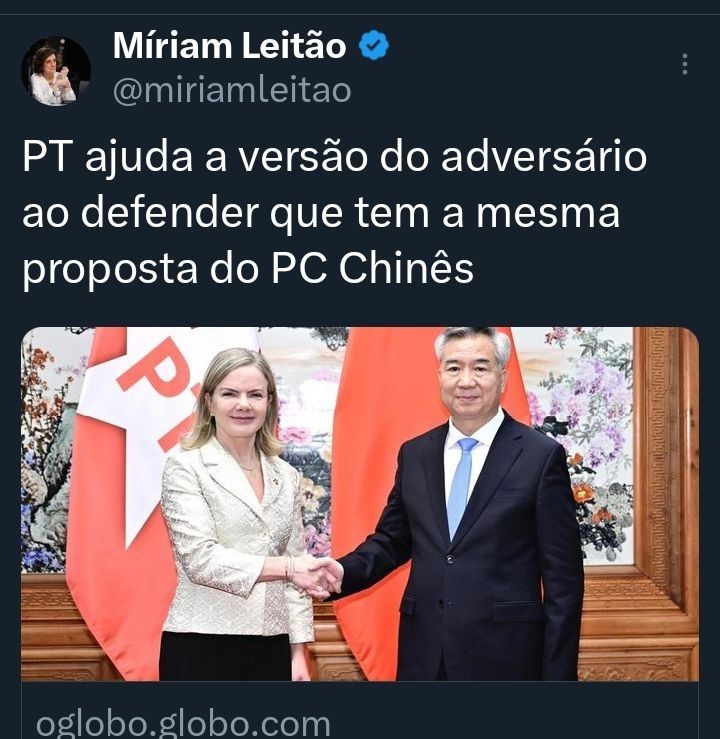 Tuíte de Miriam Leitão: PT ajuda a versão do adversário ao defender que tem a mesma proposta do PC Chinês.