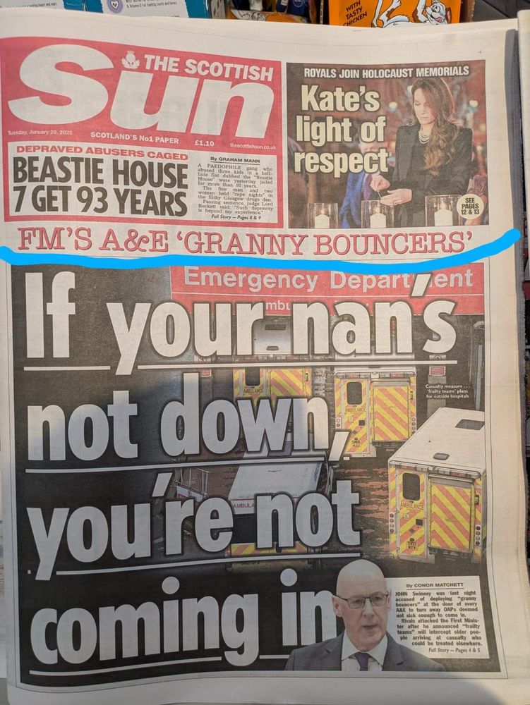 The Scottish sun with a headline describing admission avoidance and alternative pathways as ‘granny bouncing’ 