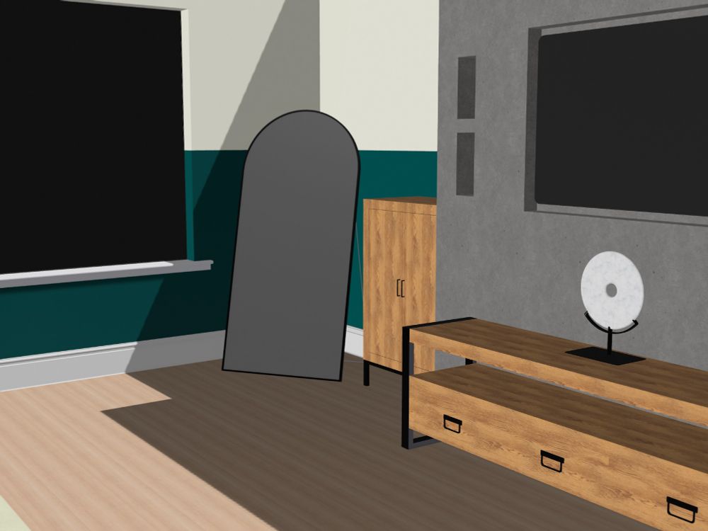 Modélisation 3D d'une partie de mon salon, incluant un miroir, un meuble à chaussures, une console avec un donut ornementale. Les murs sont a moitié beiges, a moitié verts.