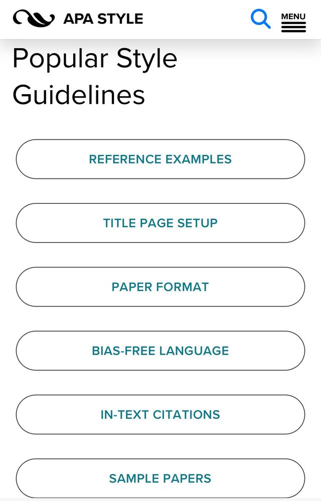 Screenshot of the APA Style website as presented on a mobile device. Links for the following popular APA Style guidelines are shown: reference examples, title page setup, paper format, bias-free language, in-text citations, and sample papers.