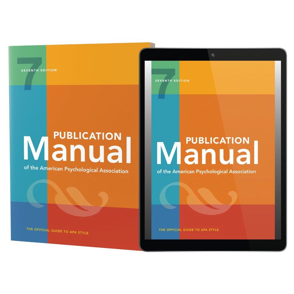 The cover of the Publication Manual of the American Psychological Association (7th ed.) is shown as a paperback book and on a tablet.