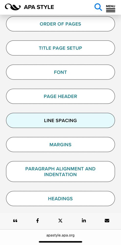 Screenshot of the Paper Format page on the APA Style website as presented on a mobile device. Links for the following topics are shown: Order of Pages, Title Page Setup, Font, Page Header, Line Spacing, Margins, Paragraph Alignment and Indentation, and Headings.