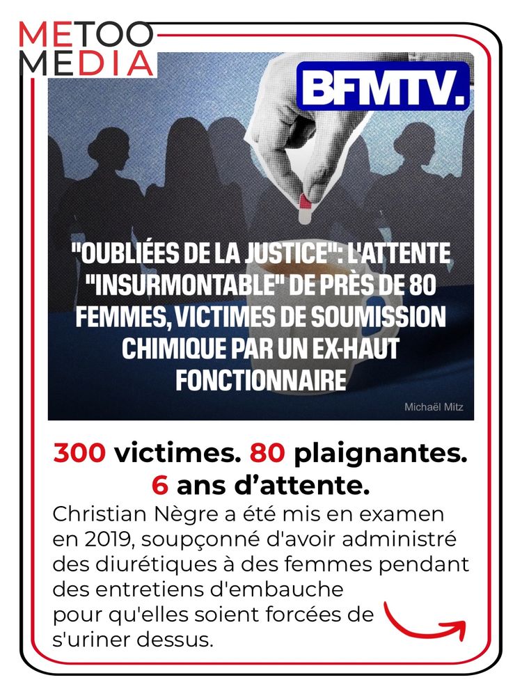 "OUBLIÉES DE LA JUSTICE" L'ATTENTE
"INSURMONTABLE" DE PRÈS DE 80
FEMMES, VICTIMES DE SOUMISSION CHIMIQUE PAR UN EX-HAUT FONCTIONNAIRE
Michaël Mitz
300 victimes. 80 plaignantes.
6 ans d'attente.
Christian Nègre a été mis en examen en 2019, soupçonné d'avoir administré des diurétiques à des femmes pendant des entretiens d'embauche pour qu'elles soient forcées de s'uriner dessus.